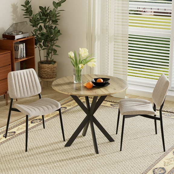 KATBOC 31.5in Round Dining Table Set for 2, 1 Dining Table with 2 Linen Chairs, SRustic Brown MDF Tabletop and Metal Legs, Industrial Style for Kitchen Dining Room, Small Space, Beige