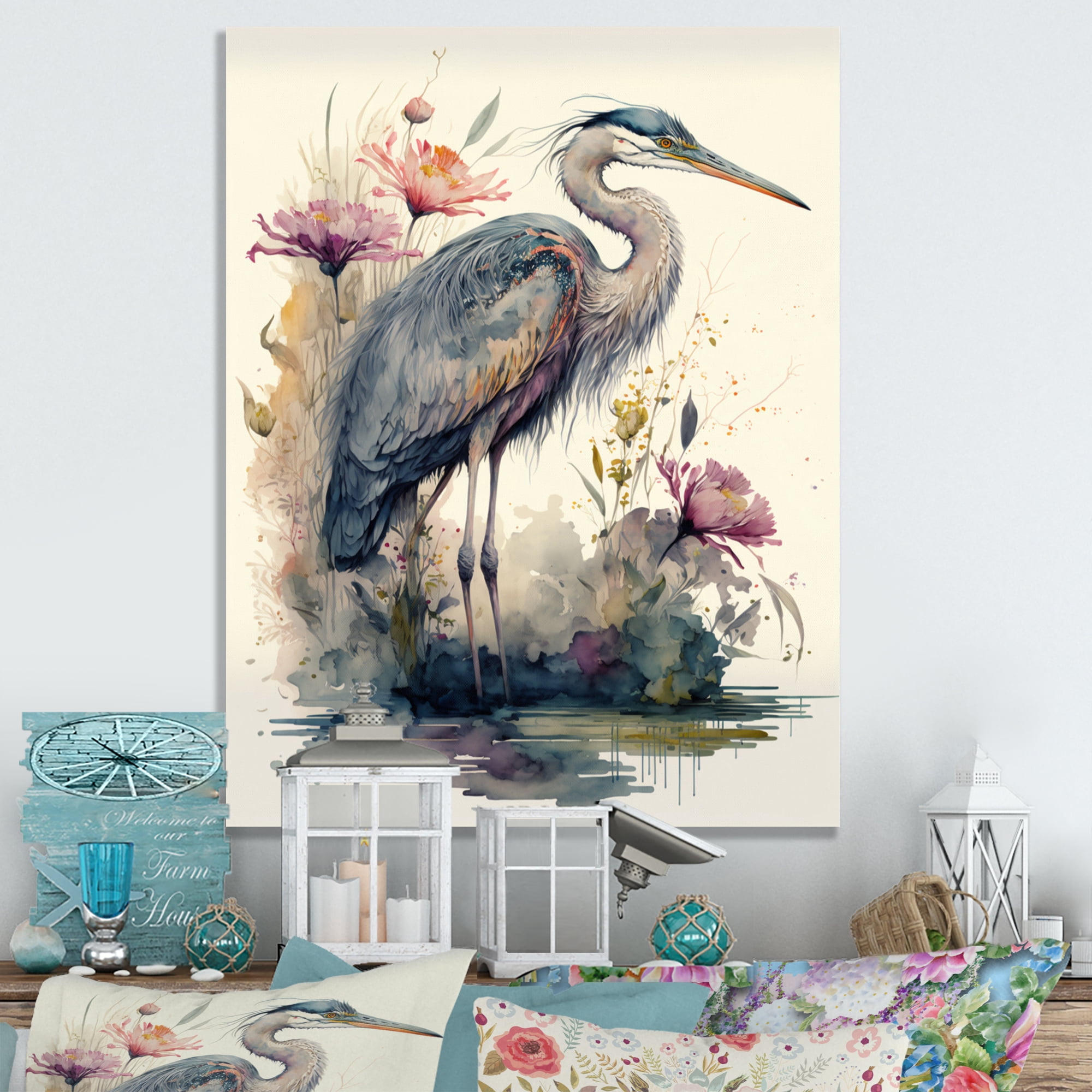 Designart Cute Heron Floral Art V Canvas Wall Art