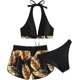 thumbnail image 1 of Traje de baño de 3 piezas para mujer Traje de baño Estampado floral con cordones Halter Top Bikini con pantalones cortos Amarillo pequeño, 1 of 5