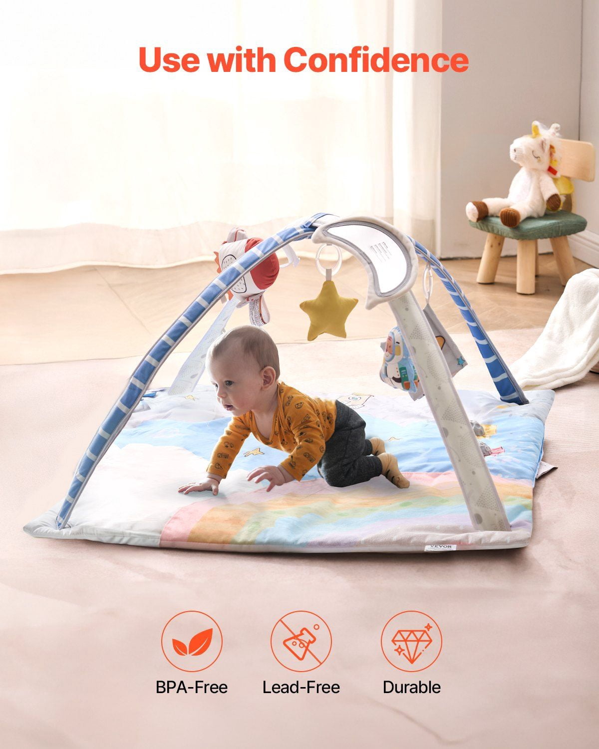 Baby Play Gym Mat with 6 Sensory Toys and Light Up Musical Rocket Toy for Newborn Infant 0 to 18 Months Motor Skill Development Essential Gift