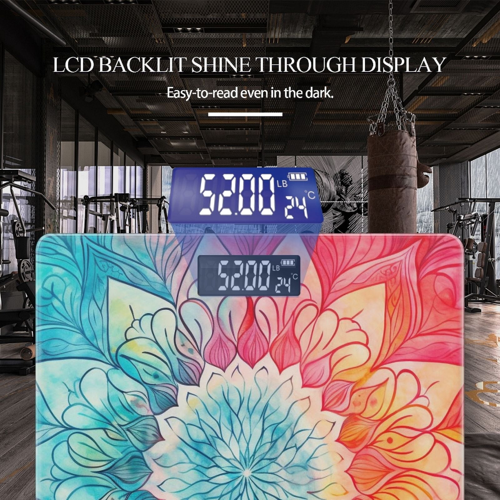 High Precision Body Weight Scale Smart Bathroom Scales with Large LCD Display(400lbs),Decorative for Bedroom-Watercolor Mandala Blue And Red Color Palette