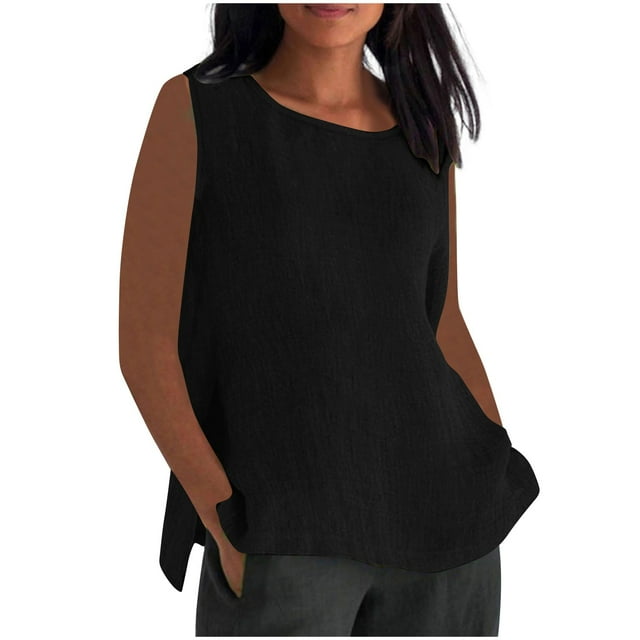 Timegard Camisoles en Coton et Lin pour Femmes Col Rond Fente Latérale Sans Manches Légères Décontractées Amples