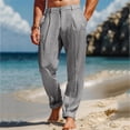 thumbnail image 2 of Ecqkame Men's Cotton Linen Loose Pants Solid Color Elastic Waist Casual Pant Lightweight Comfortable Outdoor Beach Trousers Gray S, 2 of 7