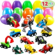 JOYIN 12 Pcs Filled Easter Eggs with Toy Cars, 3.2” Colorful Easter Eggs Prefilled with Pull Back Construction Vehicle and Race Car for Kids Boys Easter Eggs Hunt, Easter Basket Stuffers, Party Favors