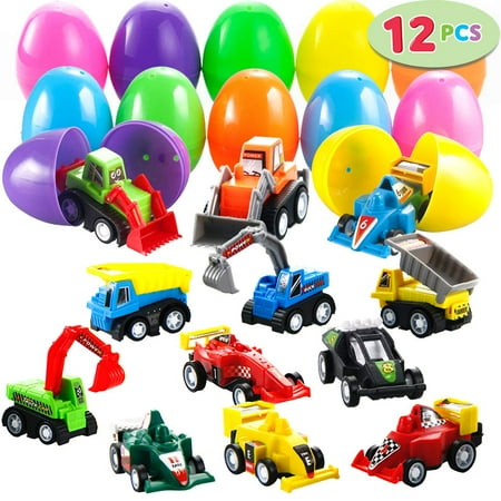 JOYIN 12 Pcs Filled Easter Eggs with Toy Cars, 3.2” Colorful Easter Eggs Prefilled with Pull Back Construction Vehicle and Race Car for Kids Boys Easter Eggs Hunt, Easter Basket Stuffers, Party Favors