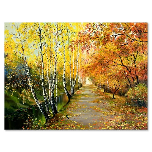 Designart ' Path Through The Autumn Woods Along River ' Traditional Canvas Wall Art Print