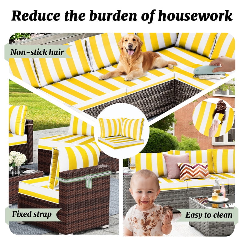 14 Pieces Outdoor sectional cushions replacement set, 4in thick patio furniture cushions, Waterproof Outdoor Couch Cushion,deep seat patio cushions For 6 Seat（Bright yellow white）