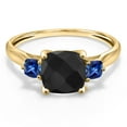 thumbnail image 3 of Gem Stone King 10K Yellow Gold Black Onyx and Blue Created Sapphire Engagement Ring for Women | 1.73 Cttw | Cushion Checkerboard 7MM | Gemstone December Birthstone | Size 6, 3 of 6