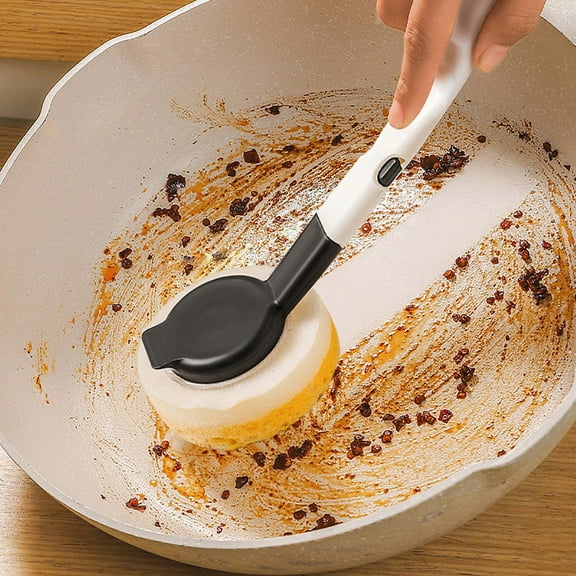 Hxlamzoo Dish Brush with Handle, Wood Pulp Cotton Dish Scrubber Brush, Kitchen Dishwashing Brush for Cleaning Dishes/Pans/Pots/Sinks, Built-in Scraper, 1PC