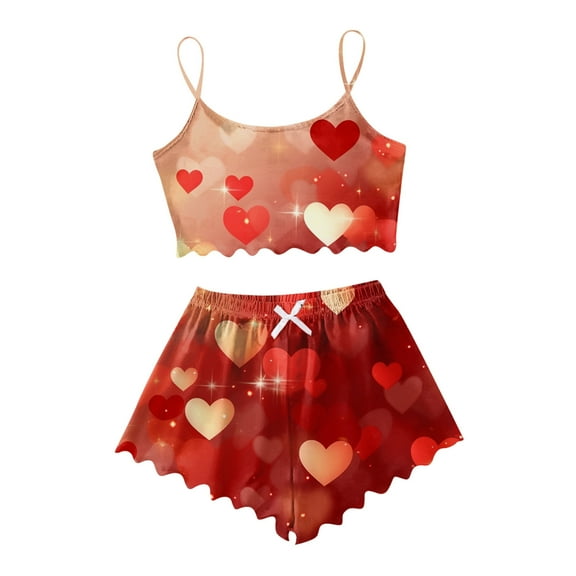 Afdoent Women's Pajamas Ladies Valentine's Day Tank Top And Shorts Love Heart Print 2 Piece Sexy Pajama Set For Women Nightwear