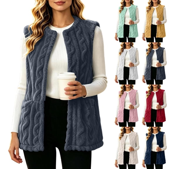 Lcziwo Fuzzy Fleece Vest for Women Sleeveless Jacquard Open Front Cardigan with Pockets Plush Cozy Casual Jackets Yellow,XXL