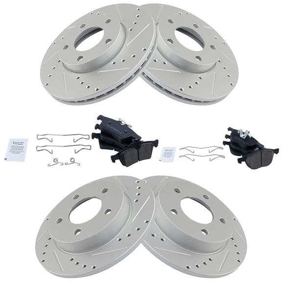TRQ Front and Rear Performance Brake Pad & Rotor Kit Brake Pads Brake Rotors Set Ceramic Premium G-Coated Fits Select 2006-2013 Mazda 3