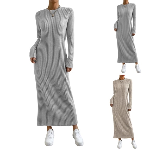 Yucgh Women's Long Sleeve Dress Fall Casual T Shirt Loose Fit Pleated Front Dress with Pockets, Round Neck Maxi Dress, Knit Sweater Dress for Women,L