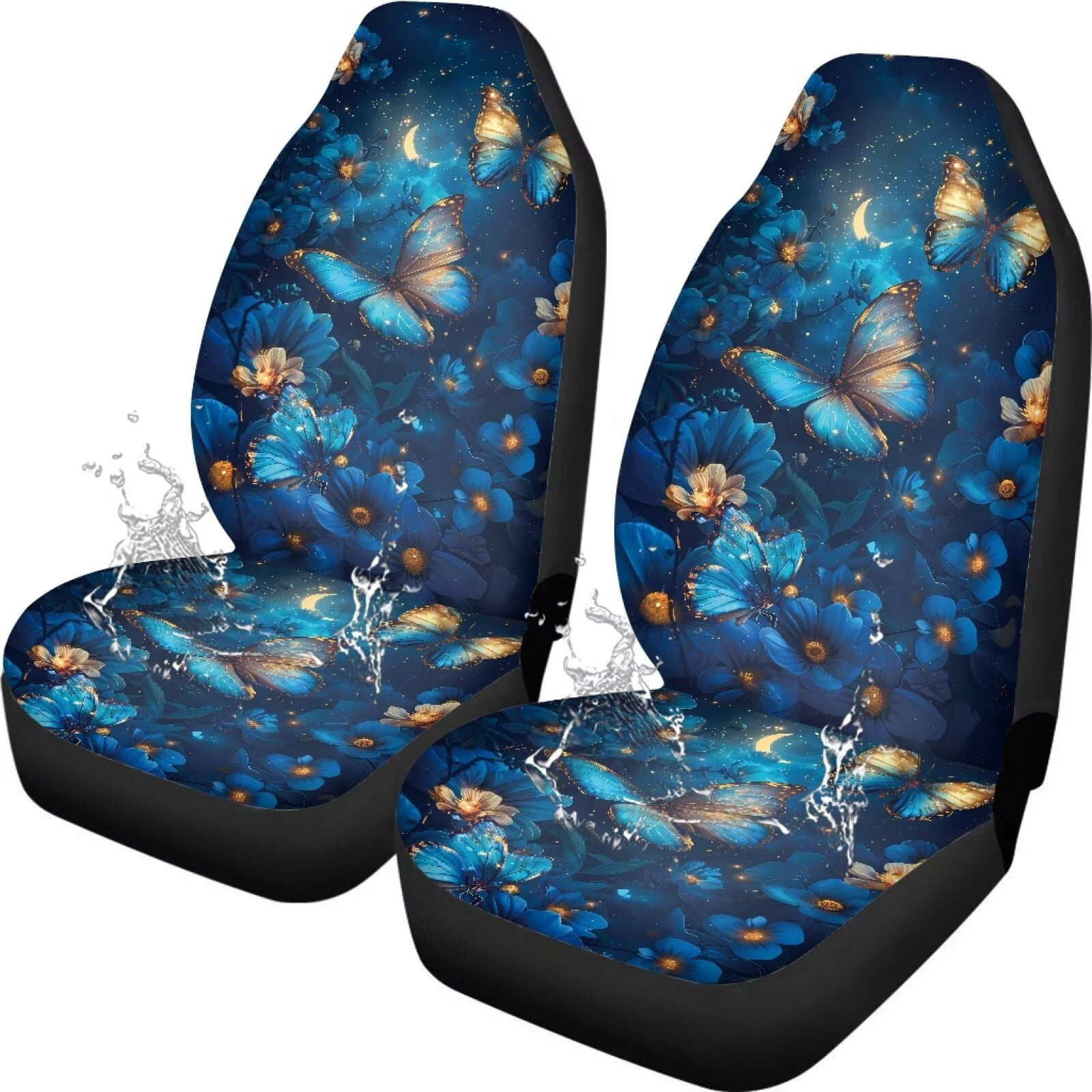 Uorisanigo Waterproof Car Front Seat Covers Stretch Polyester Fabric Cover Blue Butterfly Floral Auto Interior Accessories 2 Pcs Set Universal Front Seat Cover Fit for Most Cars,SUV, Trucks