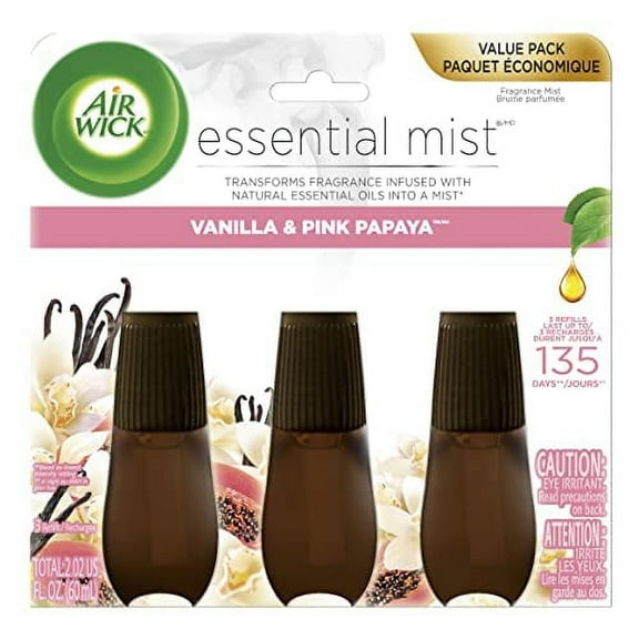 Air Wick Essential Mist Refill, 3 ct, Vanilla & Pink Papaya, Essential Oils, Air Freshener, Diffuser Not Included