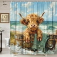 thumbnail image 2 of Funny Highland Cow Shower Curtain, Cute Farmhouse Western Bull Cattle at Teal Beach Shower Curtain, Rustic Cattle Animal Ocean Costal Beach Fabric Shower Curtain Set with Hooks, 70X70IN, 2 of 4