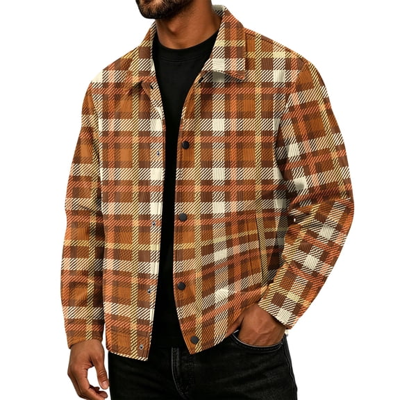 Havenx Men's Plaid Print Corduroy Jacket Long Sleeve Button Down Shirt Jacket with Pockets Lapel Collar Coat Work Fall Winter Vintage Casual Loose Fit Clothes,Earthy Yellow L