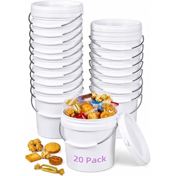 20 Pack 0.5-Quart Mini Plastic Buckets with Lids and Handles, Small Food Storage Pails, Candy Buckets for Party Favors, Birthday Gift Containers, Classroom Craft Storage (White)