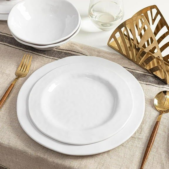Basic White Melamine Dinnerware Sets, 18 Piece melamine dishes set, Service for 6, Plates and Bowls Sets Great for Indoor and Outdoor Use, Dishwasher safe