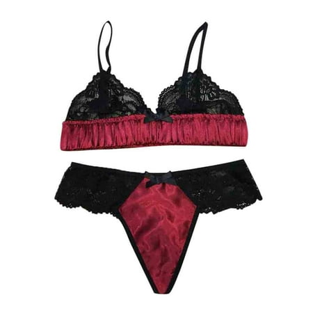 

ZXHACSJ 2-Pc Women Sexy Deep V Lingerie Straps Bra and Panty Set Babydoll Wine Red S