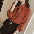 thumbnail image 5 of Women's Solid Bow Tied Neck Ruffle Long Sleeve Chiffon Shirt Blouse Tops, 5 of 6
