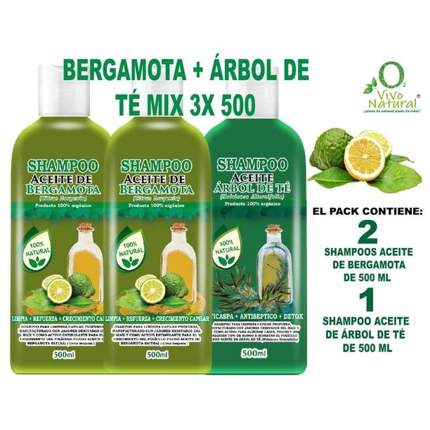 Bergamota + Árbol de Té Mix 3X 500 VIVONATURAL. 2 Shampoos Aceite de Bergamota 500 ml + Shampoo Aceite Árbol de Té 500 ml
