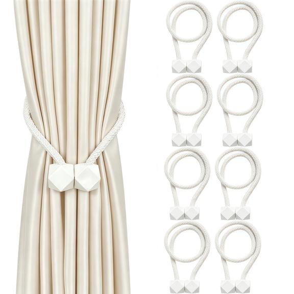 8 Pack White Magnetic Curtain Tiebacks, Decorative Woven Rope Curtain Holdbacks with Magnetic Closure, Curtain Ties for Bedroom, Living Room & Farmhouse