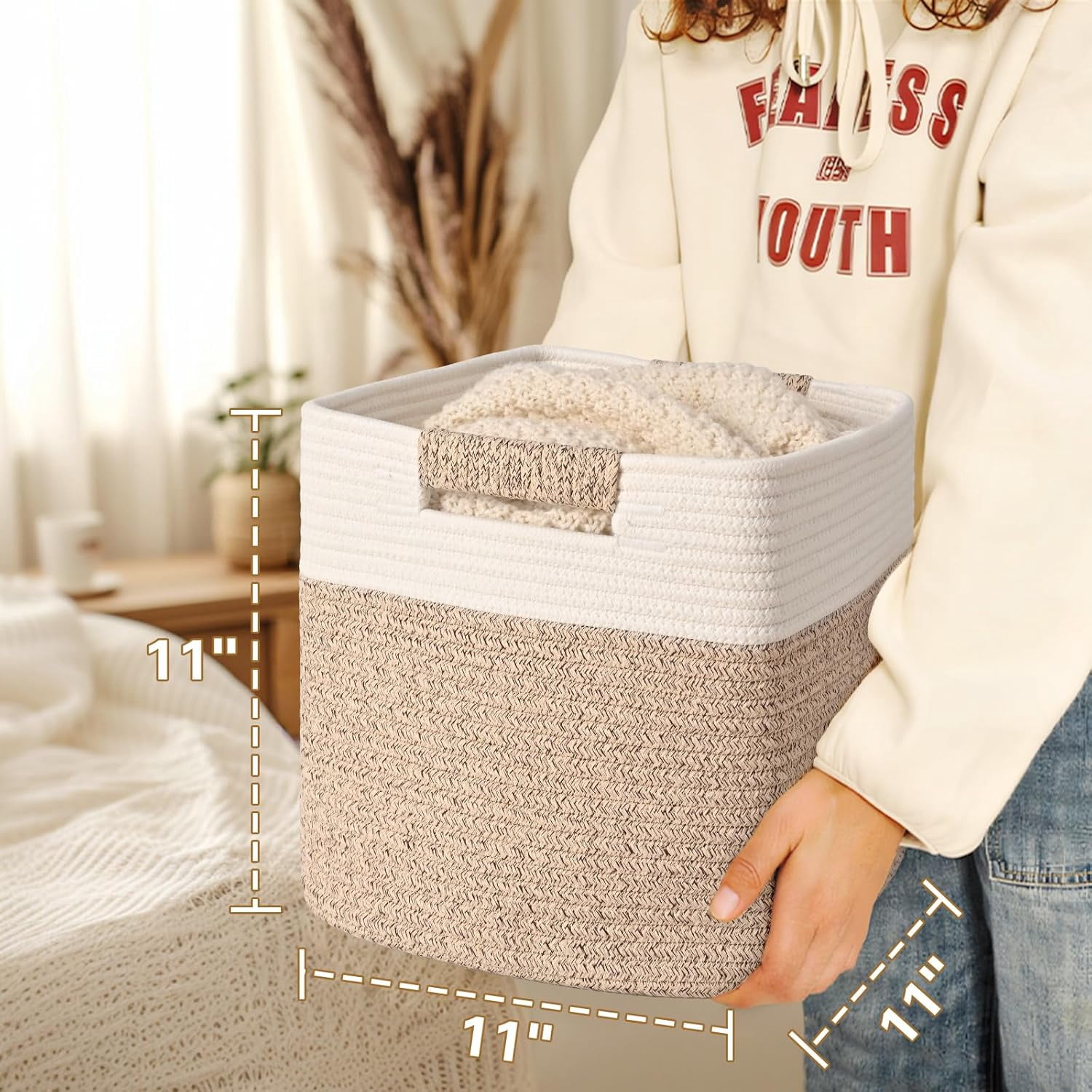 Natubeau 3 Pack Woven Storage Basket for Shelves, Cube Storage Bins, Cotton Rope Woven Baskets for Organizing, 11 Inch, White & Jute