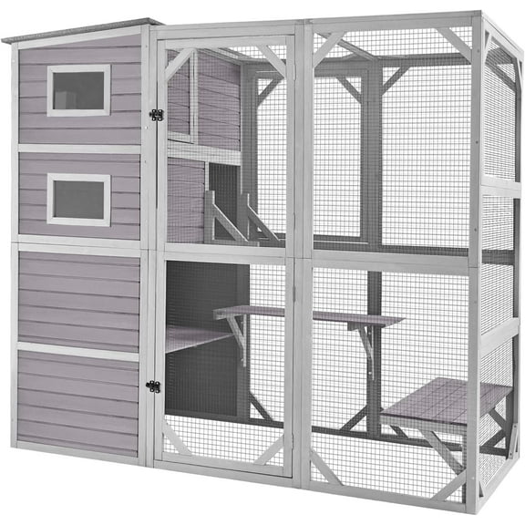 Aivituvin Large Cat Catio 4 Tiers Cat Enclosures House for Outdoor Indoor Cats with Weatherproof Roof, 3 Resting Rooms, 3 Platforms, 5 Windows 70" H 77" L