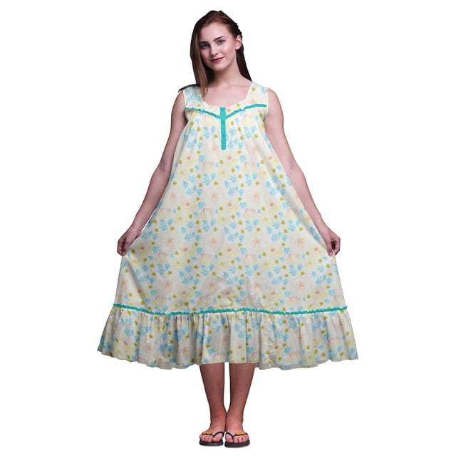 Bimba Robe de Nuit Sans Manches Turquoise Verte à Fleurs pour Femmes, Coton Imprimé, Vêtement de Nuit pour Dames, Grande