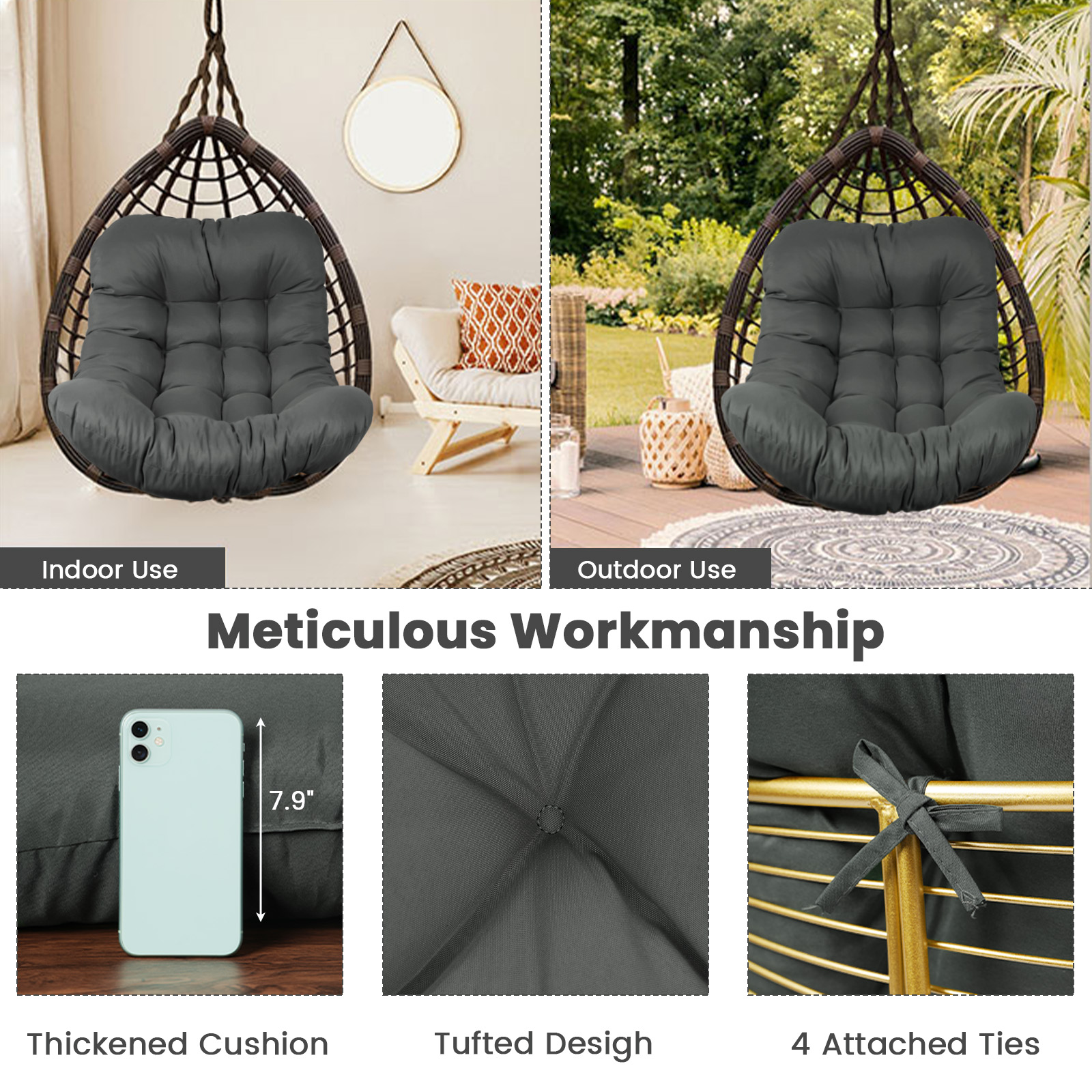 Egg Chair Cushion Replacement, Waterproof Hanging Basket Seat Cushion, U-Shape Swing Chair Cuhsion 37x49 Inches for Indoor Outdoor Patio Porch Furniture (Only Cushion)
