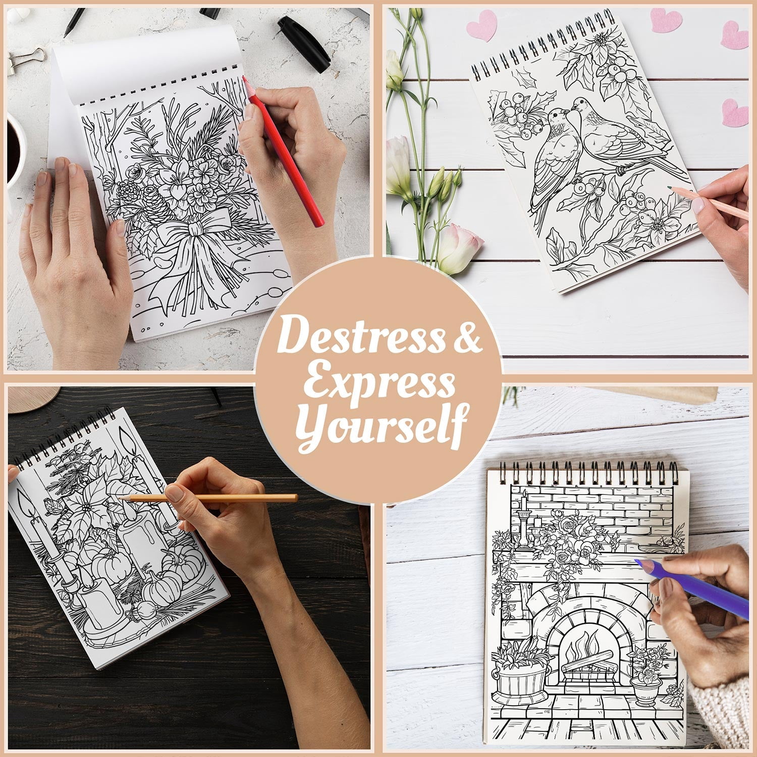 Netecom Floral Christmas Coloring Book Spiral Bound for Adults, A5 Wooden Cover, 30 Beautiful Coloring Pages of Xmas Flowers for Stress Relief and Relaxation