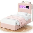 thumbnail image 7 of Homfa Twin Size LED Bed with Storage Headboard & 2 Drawers, Velvet Upholstered Platform Bed Frame with USB Ports & Outlets, Pink（Wooden Slats+2 Drawers + 1-Tier Side Shelf), 7 of 7
