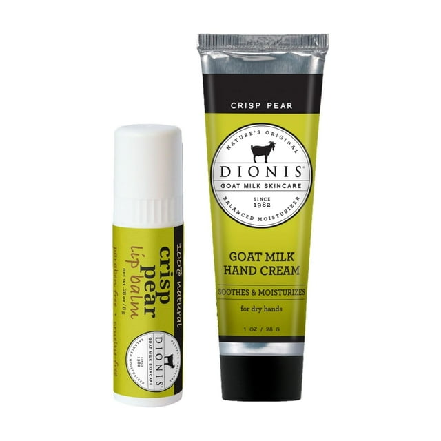 Dionis Goat Milk Skincare Crisp Pear Scented Hand Cream & Lip Balm Set (1 oz y .28 oz) - Hecho en los EE. UU. - Sin crueldad animal y sin parabenos