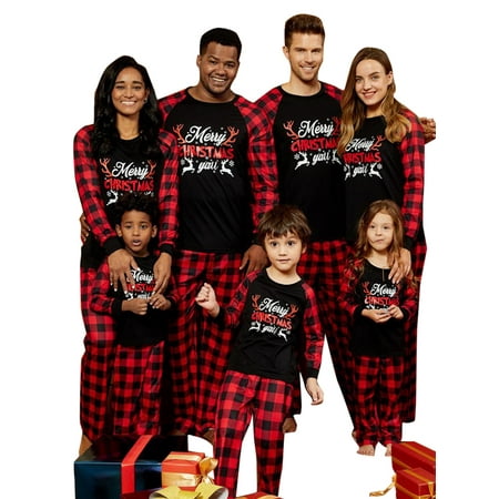 

JYYYBF Matching Christmas Pjs for Family Letter Plaid Printed Long Sleeve Shirt and Pant Xmas Holiday Sleepwear Loungewear Set Black S