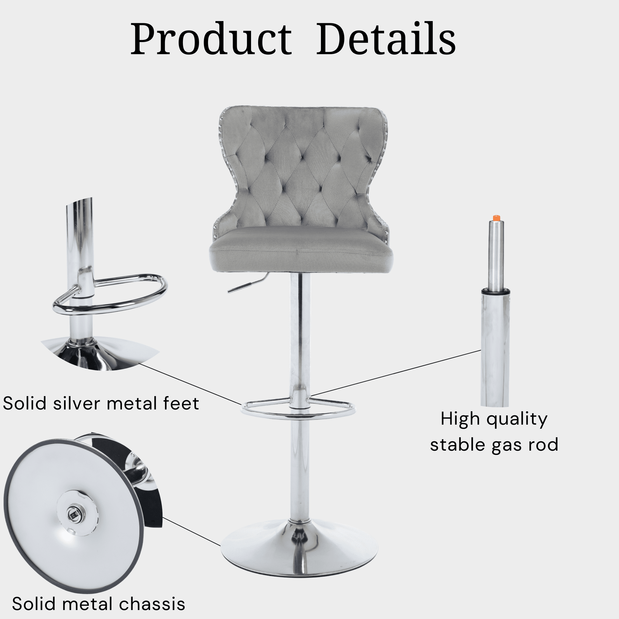 Set of 2 Adjustable Swivel Bar Stools,Velvet Upholstered Counter Height Chairs with Nailhead Trim, Silver Footrest, and High Back for Kitchen Island, Home Bar, Dining Room, Cafe,Gray