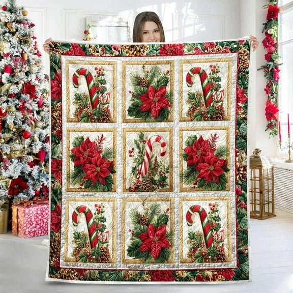 Candy Cane Poinsettia Christmas Blanket Red Floral Holiday Throw Blanket Cozy Xmas Blanket Gift for Mom Candy Blanket For Kids