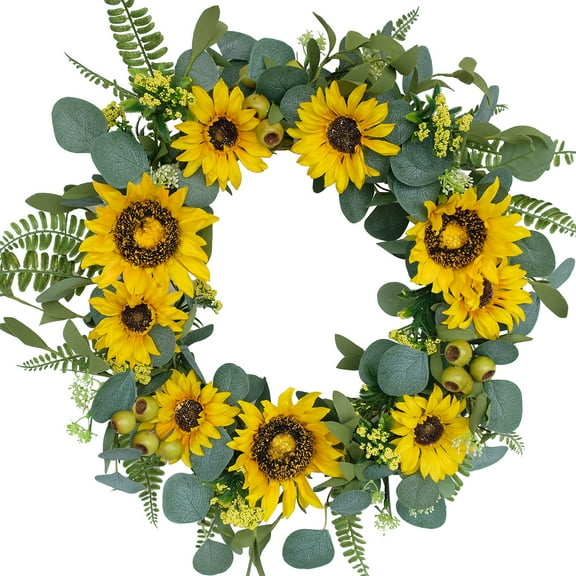 Idyllic 18”Artificial Sunflower Wreath Rustic Farmhouse Decorative Floral Wreath for Front Door Window Wedding Spring Outdoor