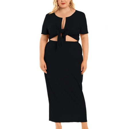 

Dress Saving Clearance! YOHOME Flowy Dresses for Women Women s Fashion Plus Size Solid Colour Sexy Chest Strap Two-Piece Top + Bustier Skirt Black XXXXXL