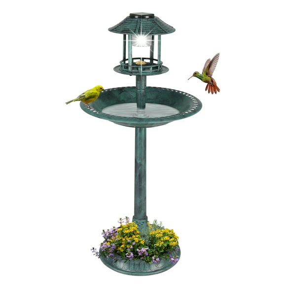 BaytoCare 42 Inch Bird Bath with Solar Light Garden Decor Dark Green