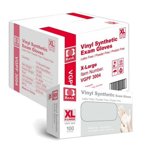 10 PACK Basic Medical Clear Vinyl Exam Gloves Powder-Free, X-Large - 100 Per Box
