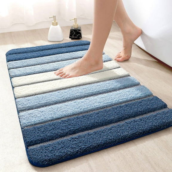 OEAKAY Bath Mat Bathroom Rug Absorbent Non-Slip Washable Shower Floor Mats Small Carpet 16"x24",Dark Blue Light Blue and White
