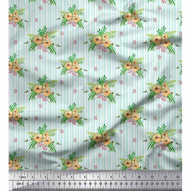 Soimoi Green polyester Crepe Fabric Stripe & Anemone Floral Print Fabric by Yard 42 Inch Wide