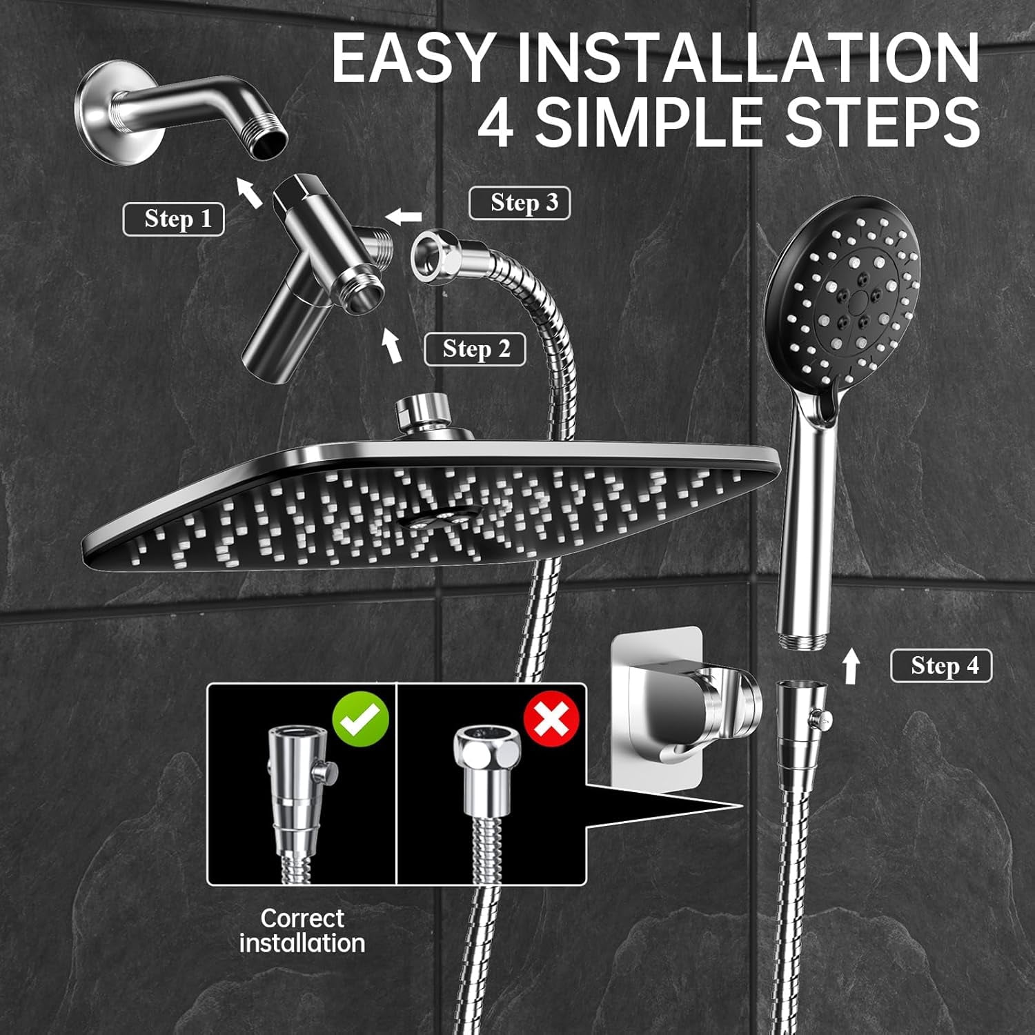 11.8 Inch Rain Shower Head with Handheld- High Pressure Dual Shower Heads with 5 Modes Handheld Spray Combo- Wide Rainfall Showerhead with Hose, Bathroom Accessories, Christmas Gift, Chrome