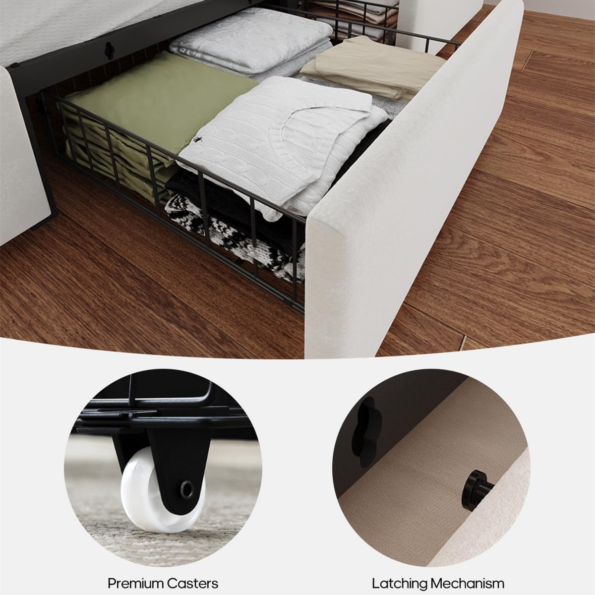 Queen Size Bed Frame with 5 Storage Drawers and Storage Headboard with RGB Lights & Charging Station, Velvet Upholstered Platform Bed Queen Size, No Box Spring Needed, Noise-Free,White