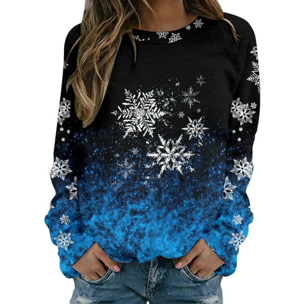 Gibobby Sudaderas para mujer navidad Sudadera casual de manga larga con cuello redondo y estampado de color degradado para mujer(Azul,M)