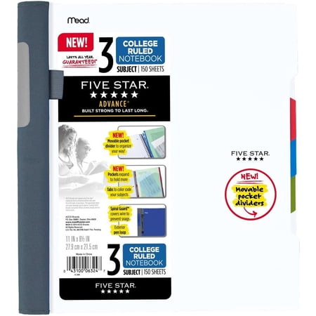 Five Star Advance Spiral Notebook, 3 Subject, College Ruled Paper, 150 ...