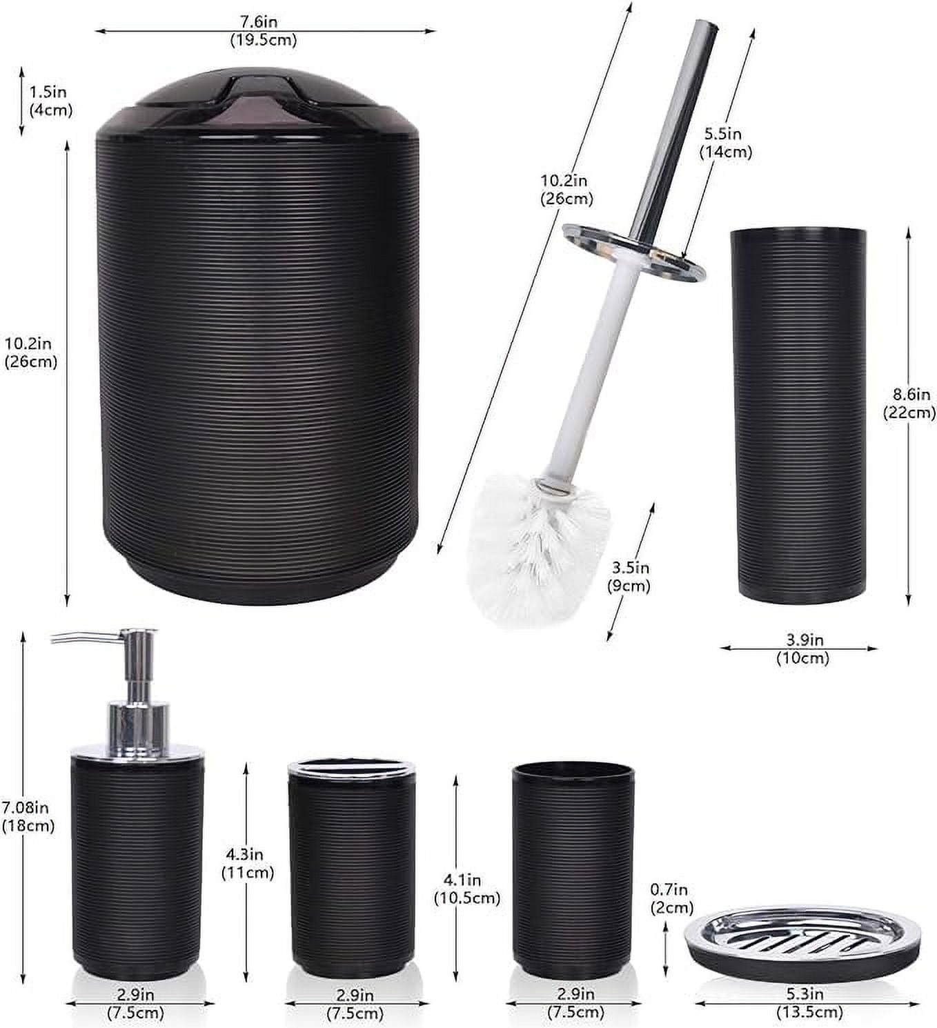 CERBIOR Bathroom Accessories Set 6 Pcs Bathroom Set Ensemble Complete Soap Dispenser Toothbrush Holder Tumbler Soap Dish Toilet Cleaning Brush Trash Can, Thread Black