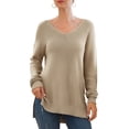 thumbnail image 4 of JWD Women's V-Neck Long Sleeve Side Split Loose Casual Knit Pullover Sweater Blouse Khaki-Large, 4 of 5