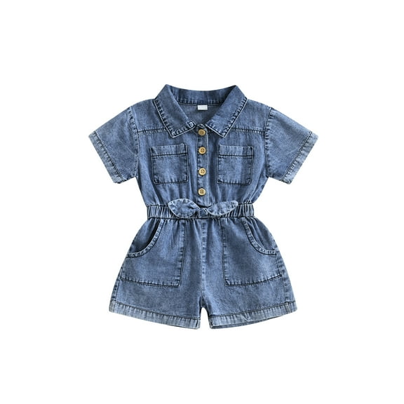 BemeyourBBs Toddler Baby Girls Jumpsuit Overalls Denim Romper Western Baby Cowgirl Outfit Shorts Sleeve Button-Down Pockets Jeans Playsuit Summer Clothes